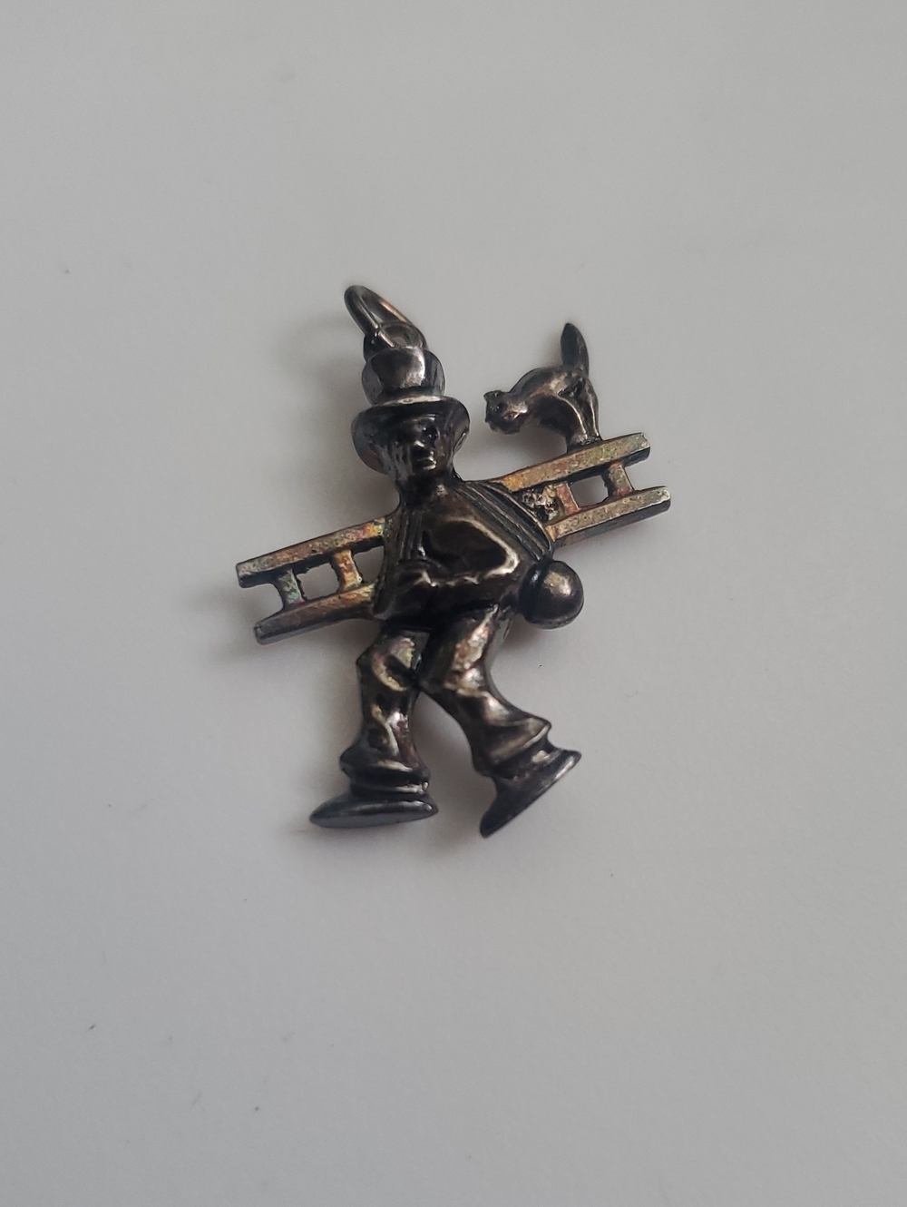 Vintage 800 Silver Chimney Sweep Charm Pendant Lucky Cat & Ladder German